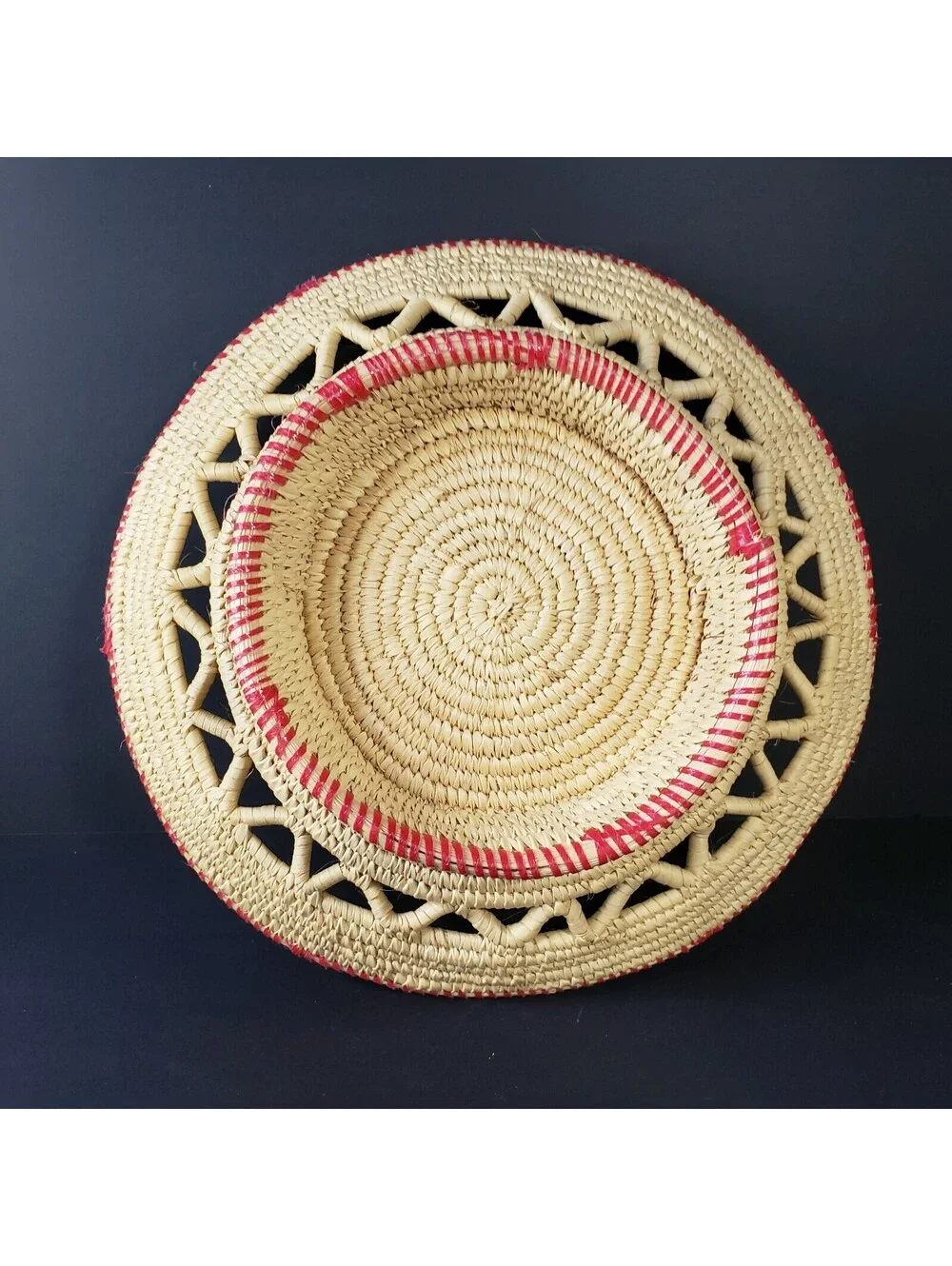 Hand Coiled Pedestal Basket Red Trim Round 11.5